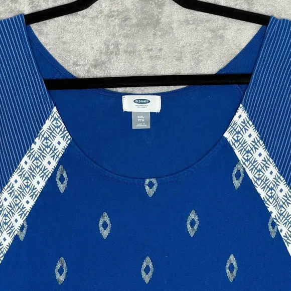 Old Navy XXL 2X Shirt Top Blue Geometric Short Sleeve Scoop Neck Knit - Picture 4 of 6